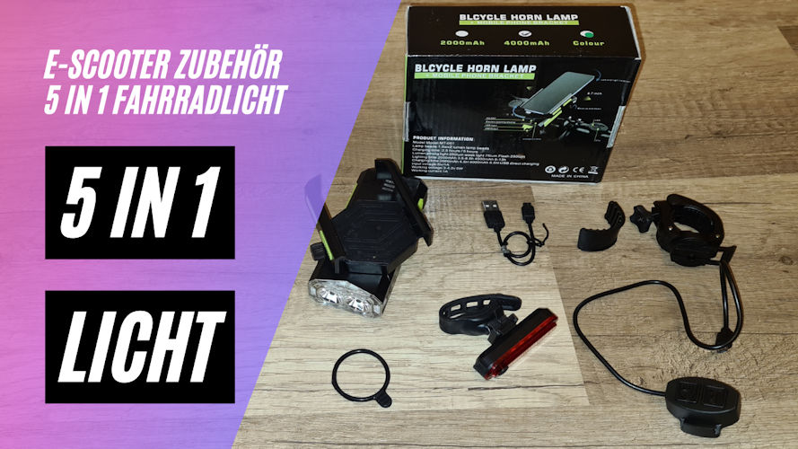 5 in 1 Fahrradlicht, 250 Lumen / 200m, StVZO, IPX5 Wasserdicht 4000Amh, Powerbank, Hupe, Warnlicht